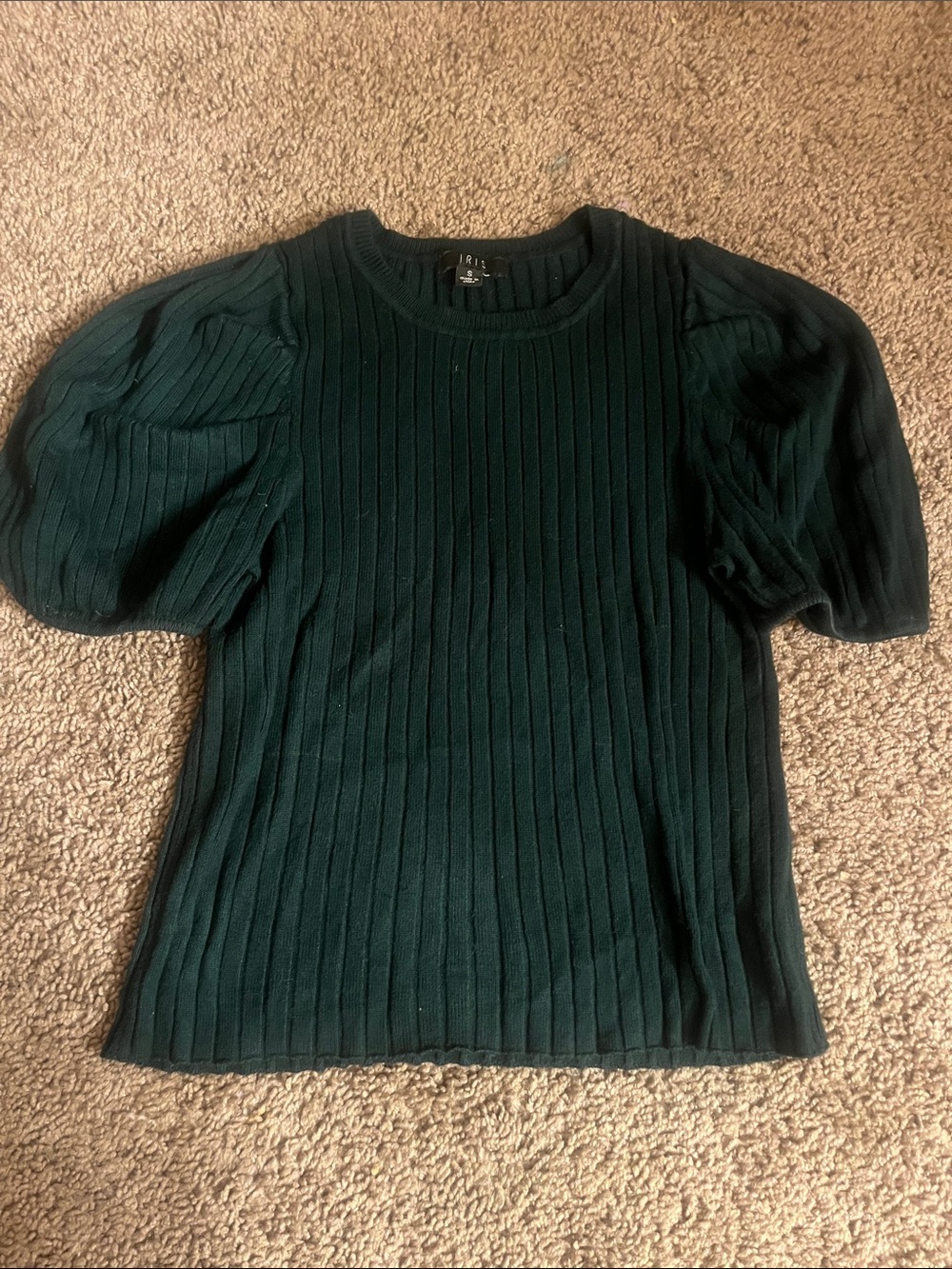 iris Dark Forest Green Ribbed Puff-Sleeve Short Sleeve Top